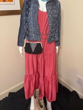 EILEEN FISHER 100% Crushed Silk Tiered Maxi Dress Medium Coral Pink Boho